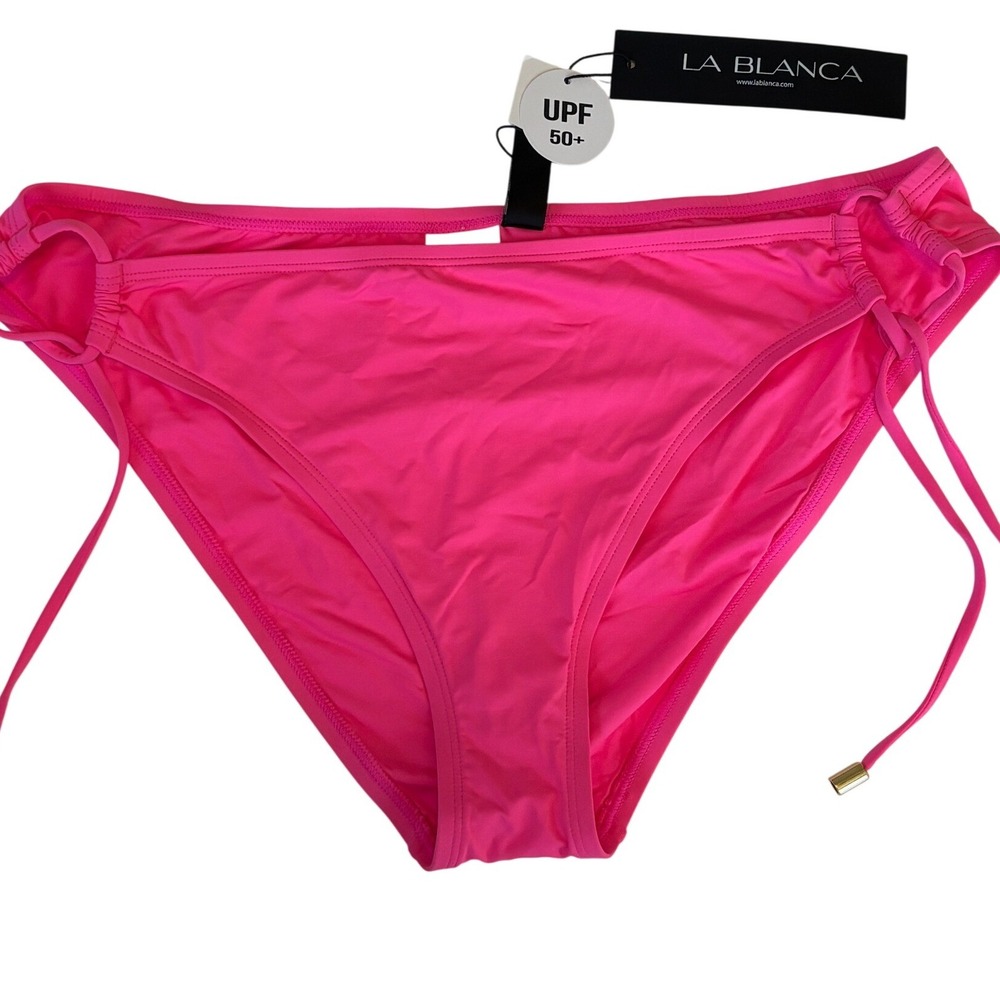 NEW La Blanca Bikini Bottoms Bright Pink Island Goddess Size 12 Side Tie UPF 50+